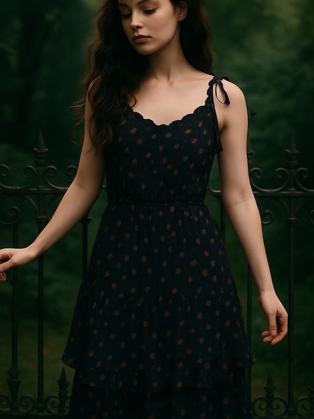 💕 EVIE Black/Red Floral Tiered Hem Tie Shoulder High Low Dress Flowy Size M
